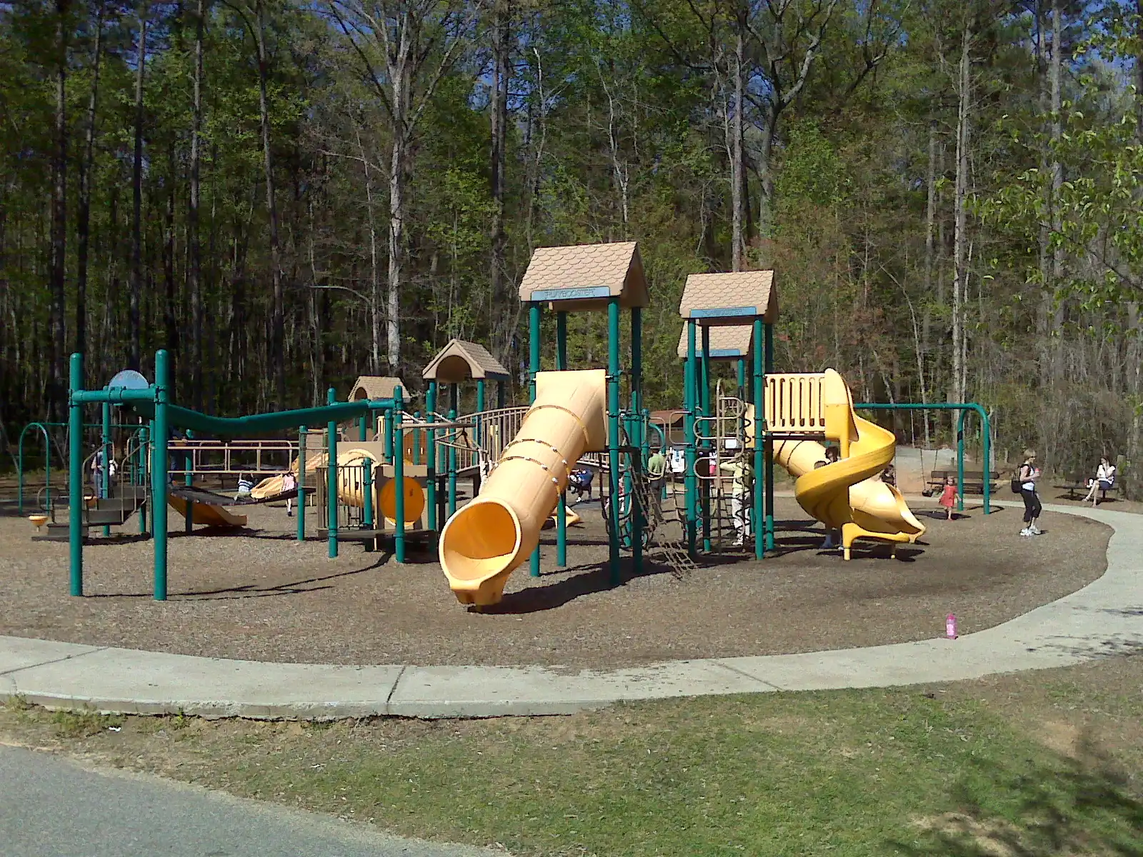 A green and tan playground with yellow tube slides and swings, set among tall trees at East Roswell Park.