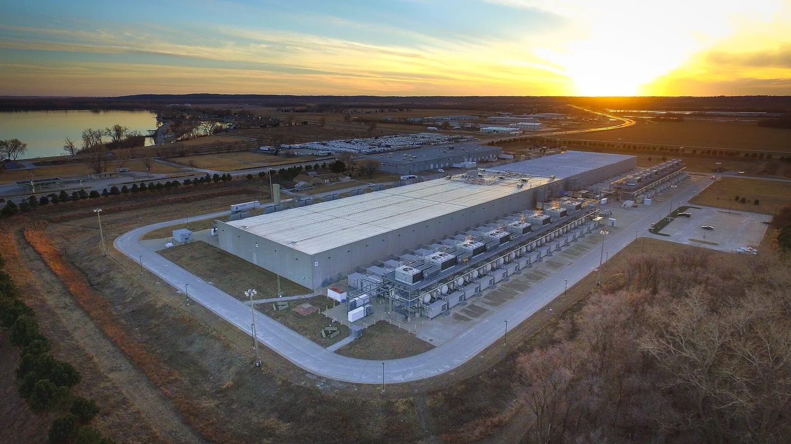A Google data center in Council Bluffs, Iowa, with its cooling and generator equipment along one side. The photo is not in Roswell.