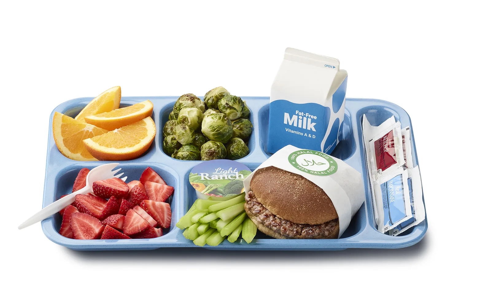 A school lunch tray of the kind served under federal meal rules, photographed by the U.S. Department of Agriculture. It does not show a Roswell school meal.