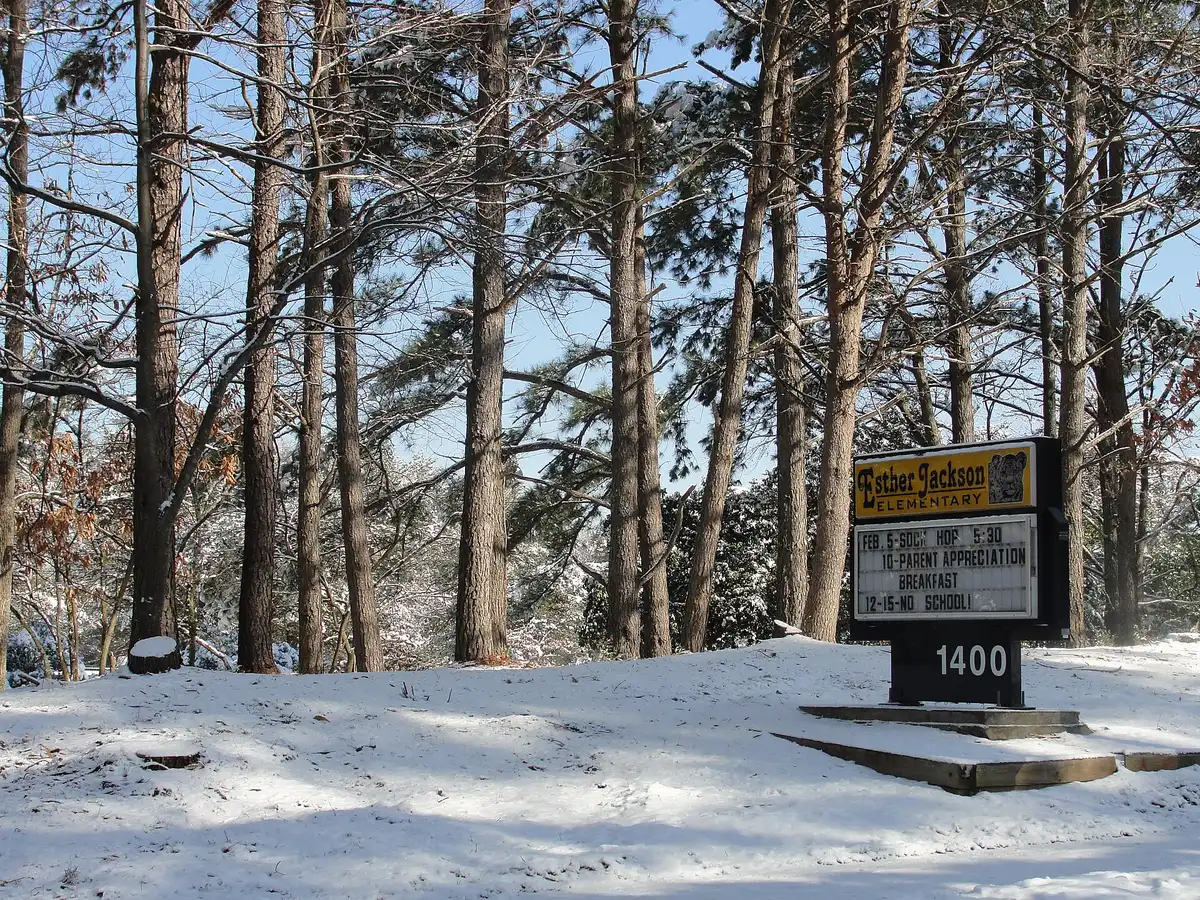 The sign at the entrance to Esther Jackson Elementary School on Martin Road in Roswell
